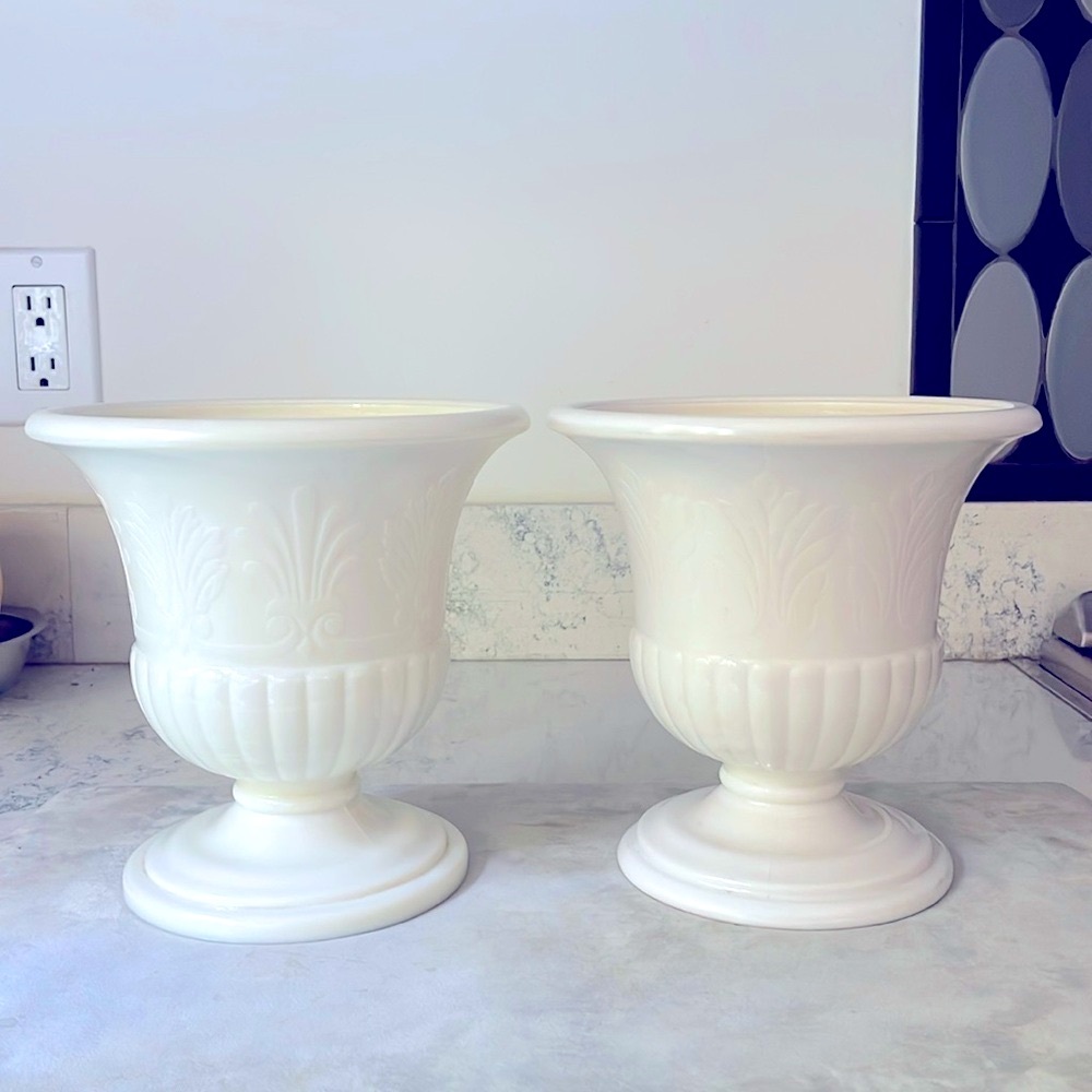 Milk Glass Uranium Pedestal Planters Urns Vintage Macbeth Evans 7” Matching Pair